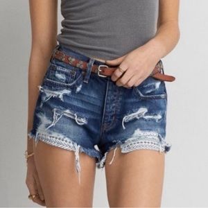 AE Button Fly Vintage Festival High Rise Destroyed Aztec Boho Jean Shorts size 6